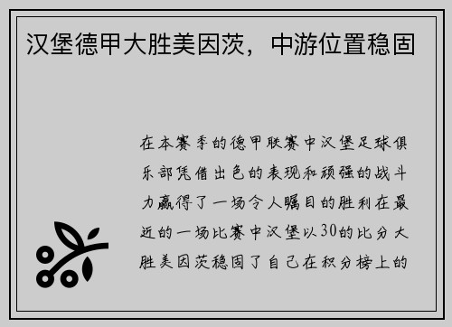 汉堡德甲大胜美因茨，中游位置稳固